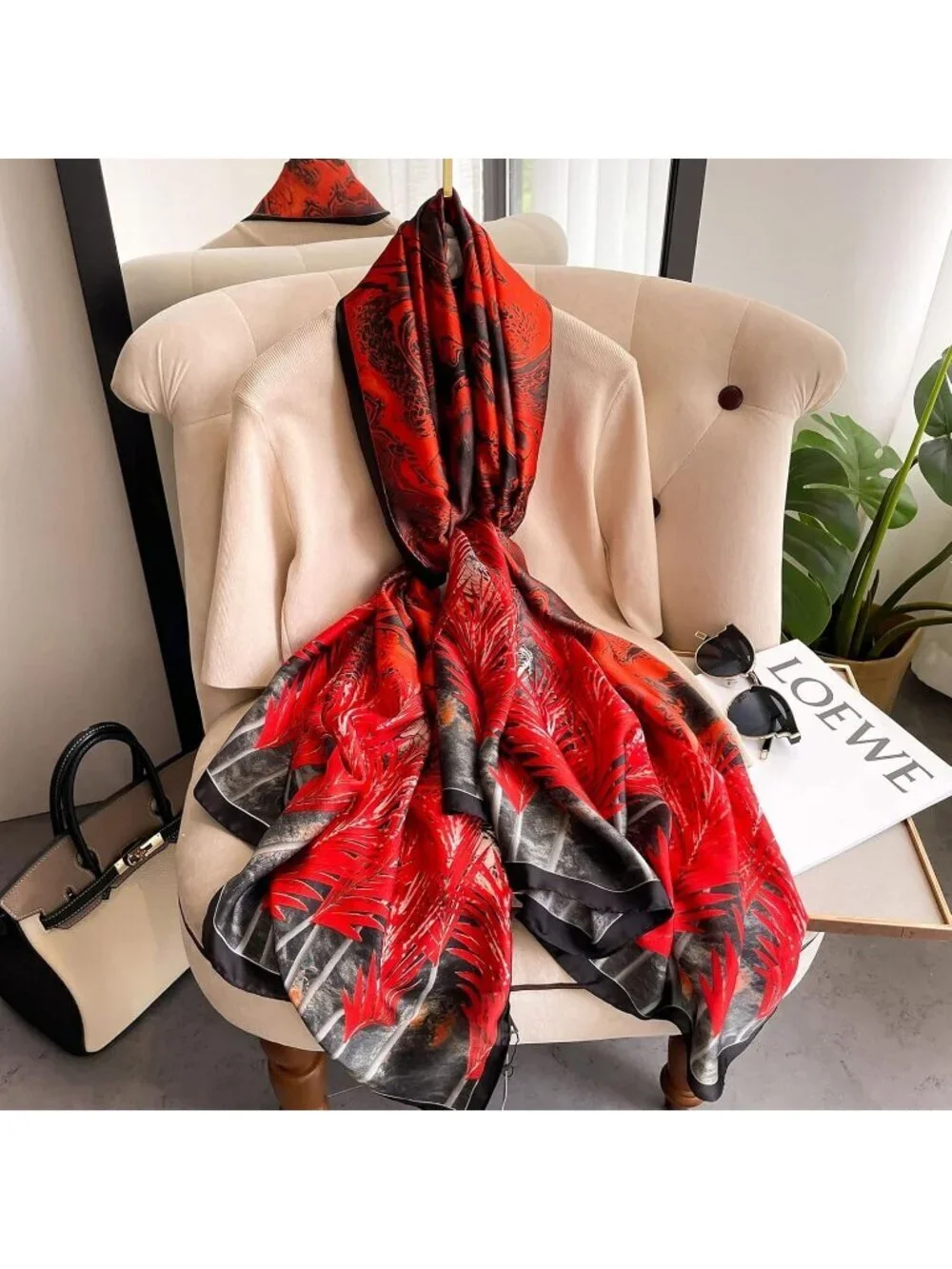 Women's Orange Black Light Silk Like Scarves Flower Print Head Cotton Wrap Scarf
